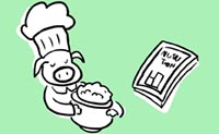 Illustration of pig wearing chefs hat and cooking