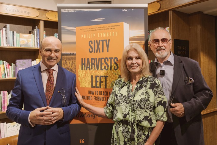 Philip Lymbery with Compassion Patrons Dame Joanna Lumley and Peter Egan at the launch of Sixty Harvests Left